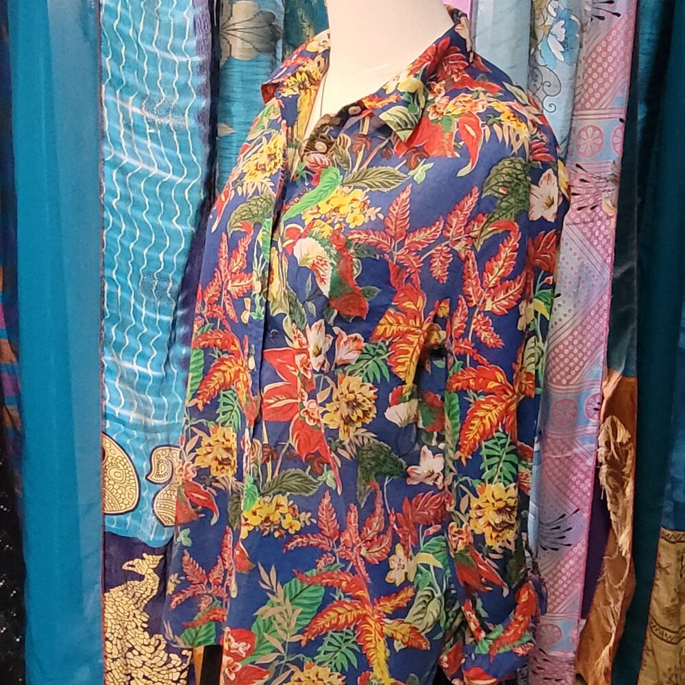 TALBOTS WOMENS TROPICAL PRINT COTTON BLOUSE SHIRT EUC L - Picture 3 of 9